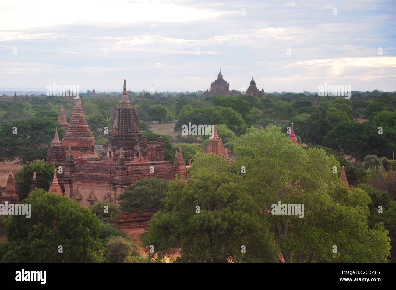 Aerial view of the Old Bagan landscape in Myanmar surrounded by lush trees Stock Photo