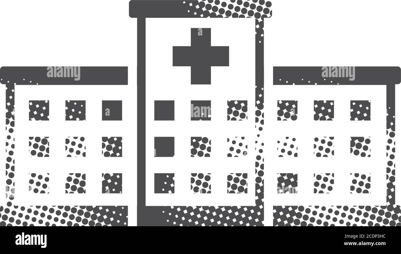 Hospital building icon in halftone style. Black and white monochrome ...