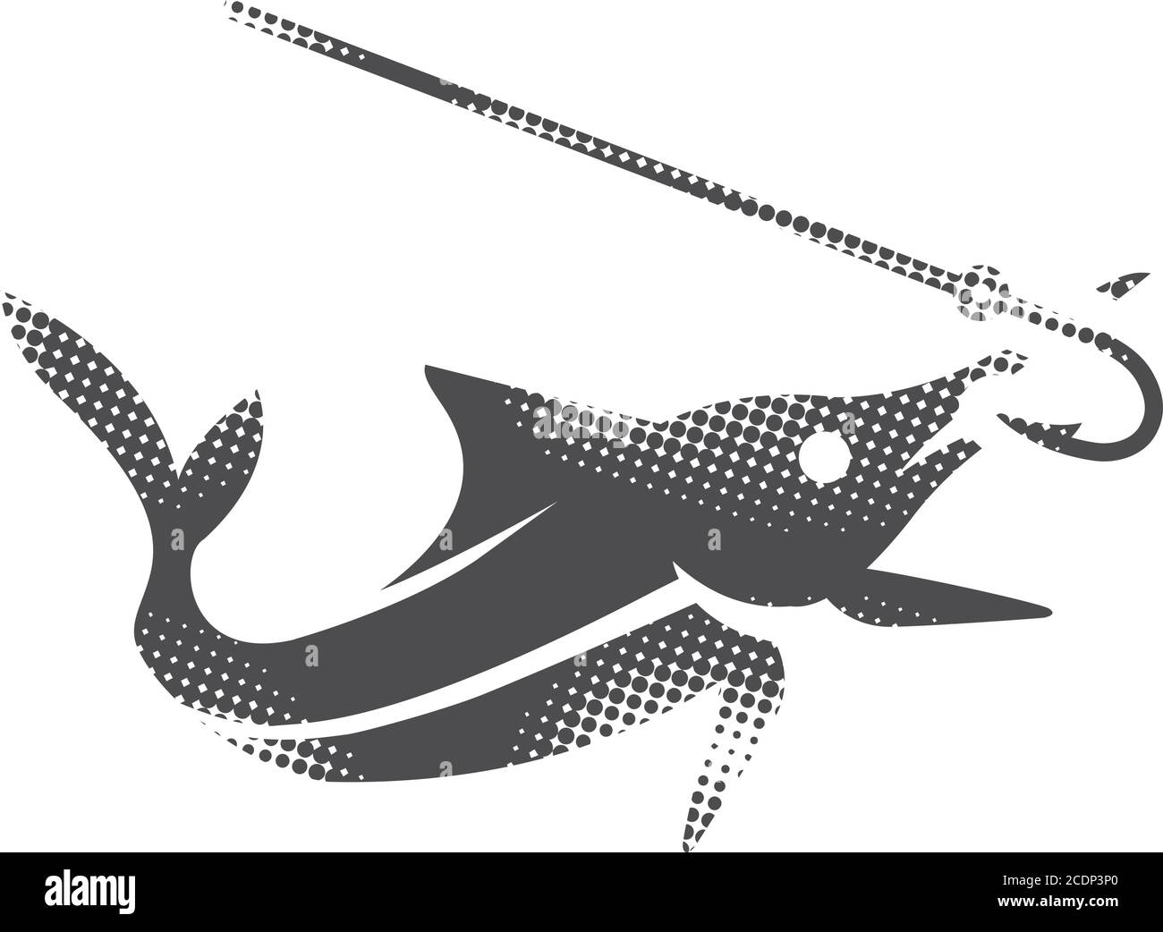 Hooked fish icon in halftone style. Black and white monochrome vector ...