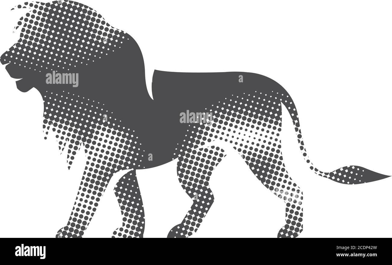 Lion icon in halftone style. Black and white monochrome vector illustration. Stock Vector