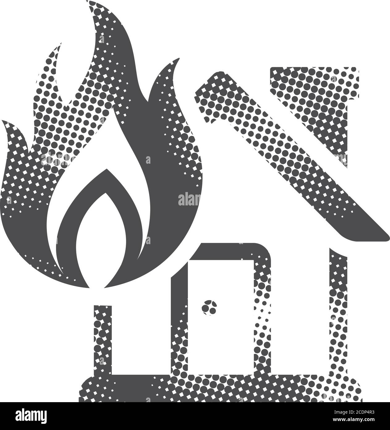 House fire icon in halftone style. Black and white monochrome vector ...