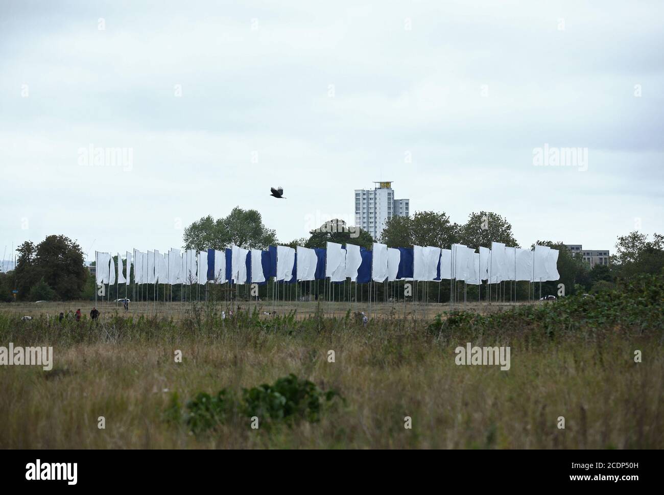 Artist Luke JerramÕs In Memoriam art installation, erected outside the Queen Elizabeth Hospital on Woolwich Common, London. It has been created as a memorial to those lost in the Covid-19 pandemic as well a tribute to the NHS and care-workers. Stock Photo