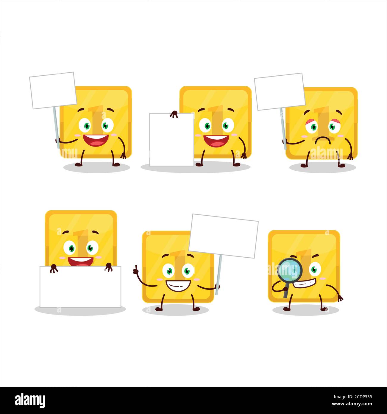 Gold first button cartoon character bring information board Stock Vector