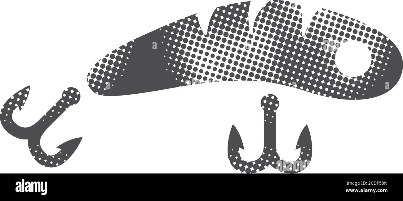 Fishing lure icon in halftone style. Black and white monochrome vector illustration. Stock Vector