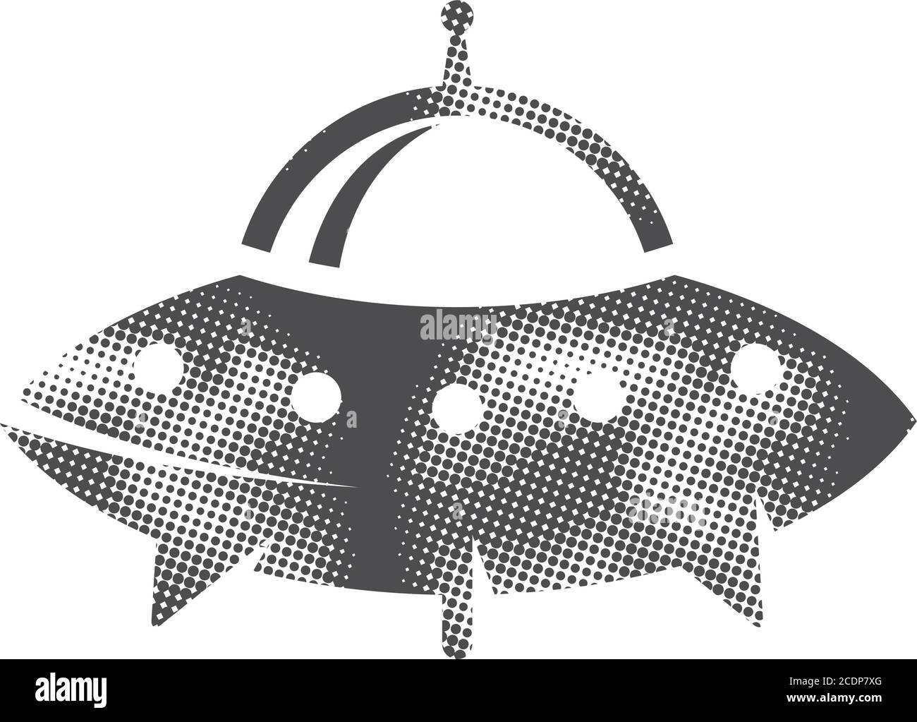 Flying saucer icon in halftone style. Black and white monochrome vector