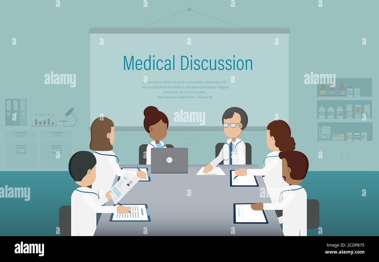 Medical discussion banner with group of doctors discuss flat design vector illustration Stock