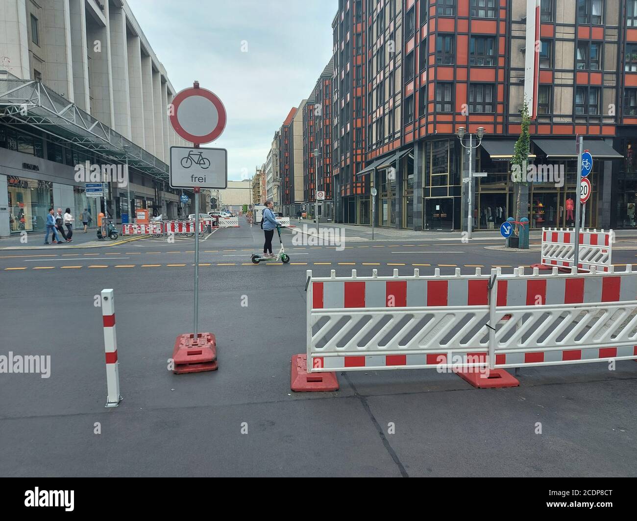 Berlin, Germany. 29th Aug, 2020. FriedrichstraSe (Friedrichstrasse) street in Berlin, Germany, on August 29, 2020. Until the end of January 2021, about half-kilometer section of one of the most famous streets in Berlin will be reserved exclusively for pedestrians and cyclists. The city wants to verify the extent to which this measure will increase the quality of life in public space. Credit: Ales Zapotocky/CTK Photo/Alamy Live News Stock Photo