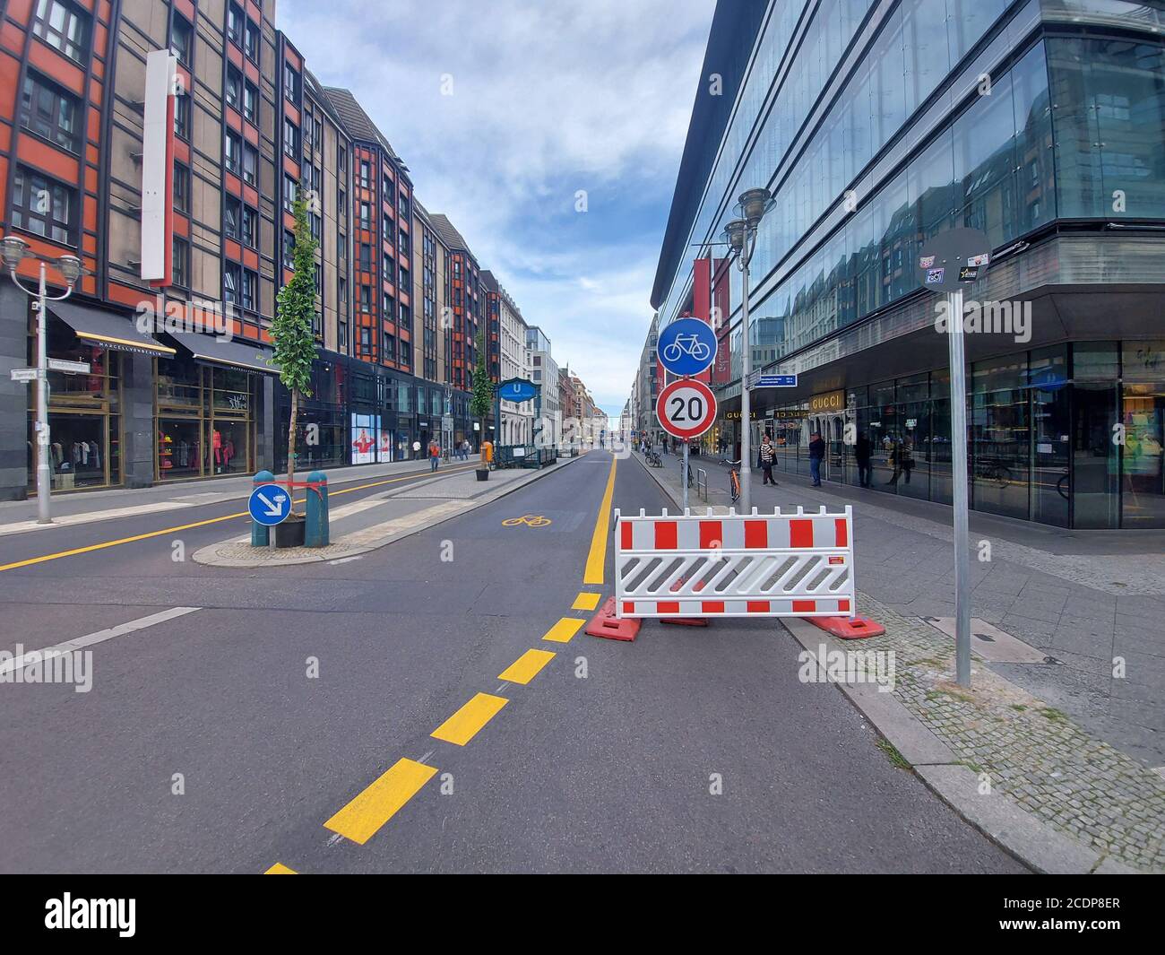 FriedrichstraSe (Friedrichstrasse) street in Berlin, Germany, on August 29, 2020. Until the end of January 2021, about half-kilometer section of one of the most famous streets in Berlin will be reserved exclusively for pedestrians and cyclists. The city wants to verify the extent to which this measure will increase the quality of life in public space. (CTK Photo/Ales Zapotocky) Stock Photo