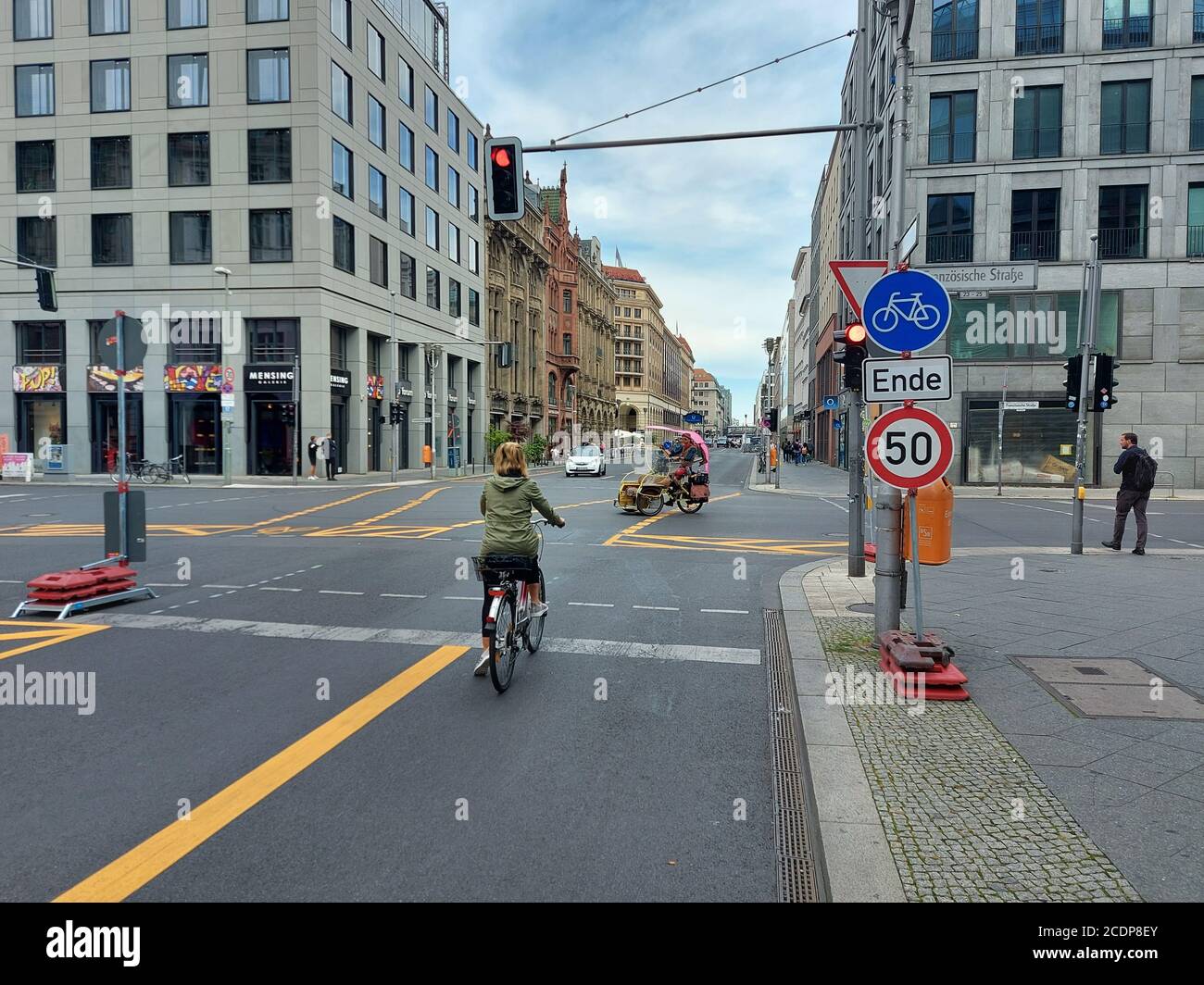 FriedrichstraSe (Friedrichstrasse) street in Berlin, Germany, on August 29, 2020. Until the end of January 2021, about half-kilometer section of one of the most famous streets in Berlin will be reserved exclusively for pedestrians and cyclists. The city wants to verify the extent to which this measure will increase the quality of life in public space. (CTK Photo/Ales Zapotocky) Stock Photo