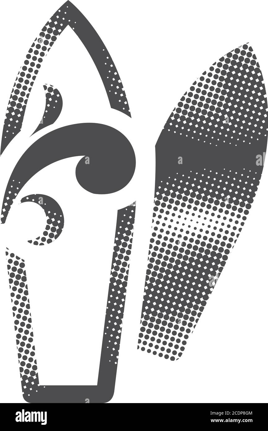 Surf board icon in halftone style. Black and white monochrome vector ...