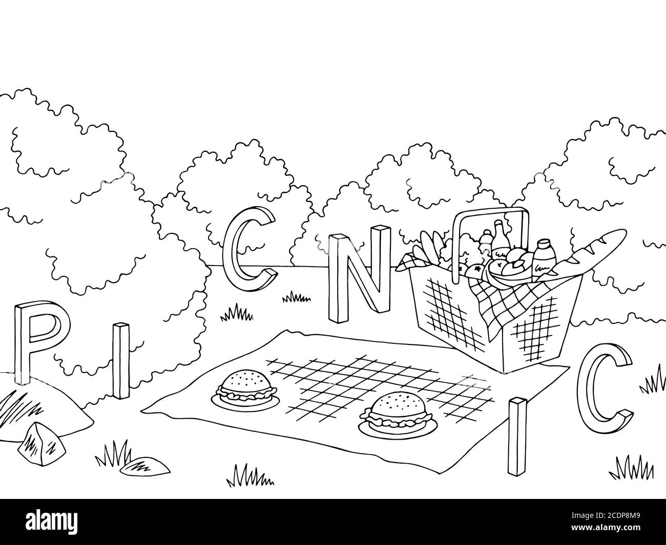 Picnic basket graphic black white landscape sketch illustration vector