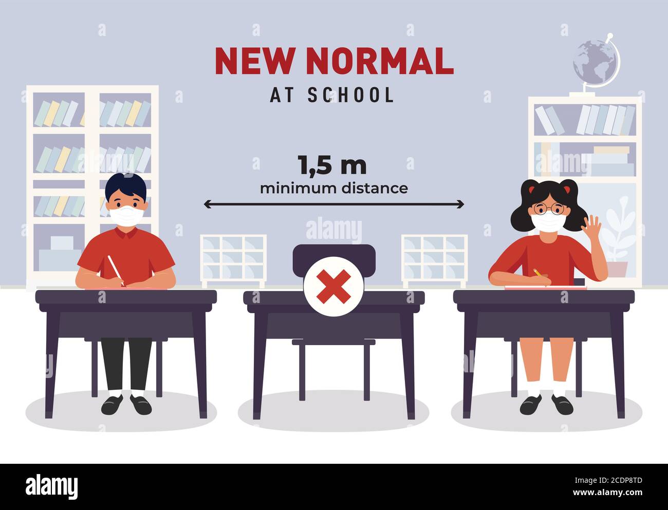 Social distancing at school illustration. New normal for education. Coronavirus Guidance for Schools. New Rules at school. school safe distance rules Stock Vector