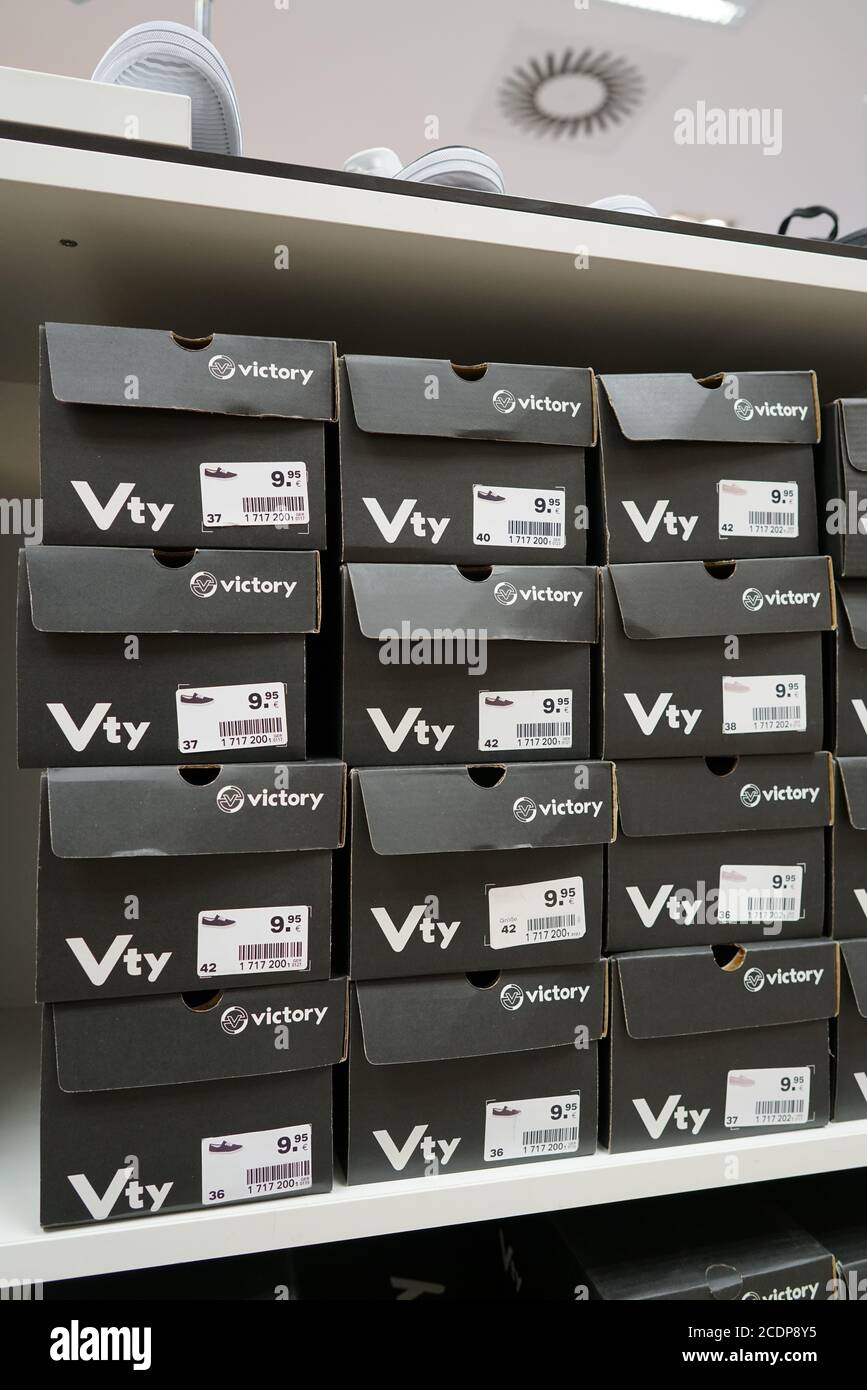 shoe boxes in a shoe store of the company Deichmann in the center of Berlin. Stock Photo