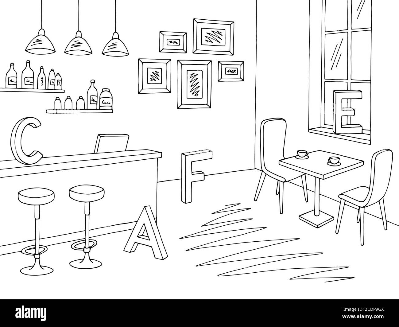 Cafe bar graphic black white interior sketch illustration vector Stock