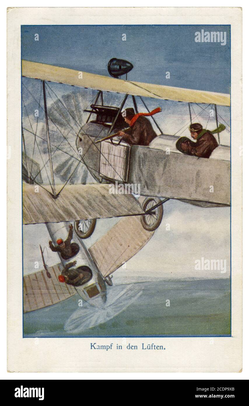 German historical postcard: Fight in the air at the dawn of aviation: rifle duel pilots of two airplanes, the pilot of the enemy plane was killed, wwi Stock Photo
