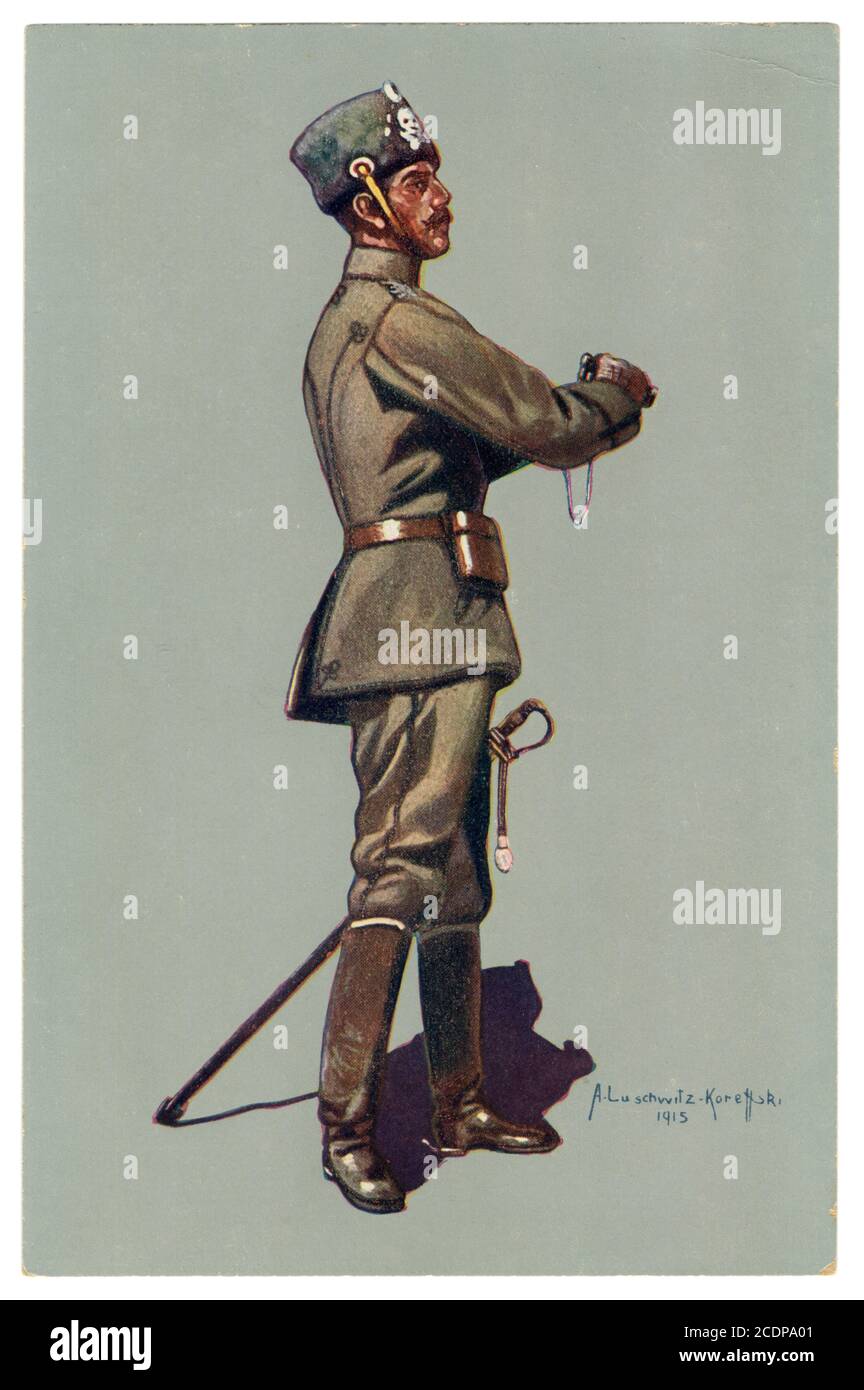 German historical postcard: The Prussian cavalry, hussars of death (Totenkopfhusaren), symbol of a death's head on a fur hat. world war one, 1915 Stock Photo
