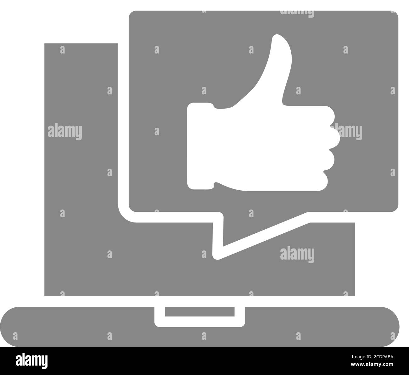 Laptop with thumb up in speech bubble gray icon. User feedback, message with like symbol Stock Vector