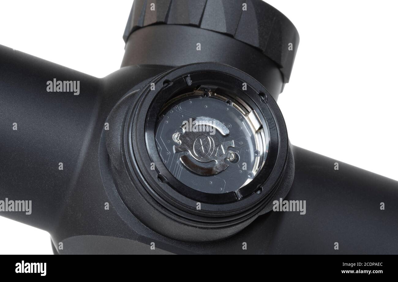 Battery compartment on a riflescope isolated on a white background