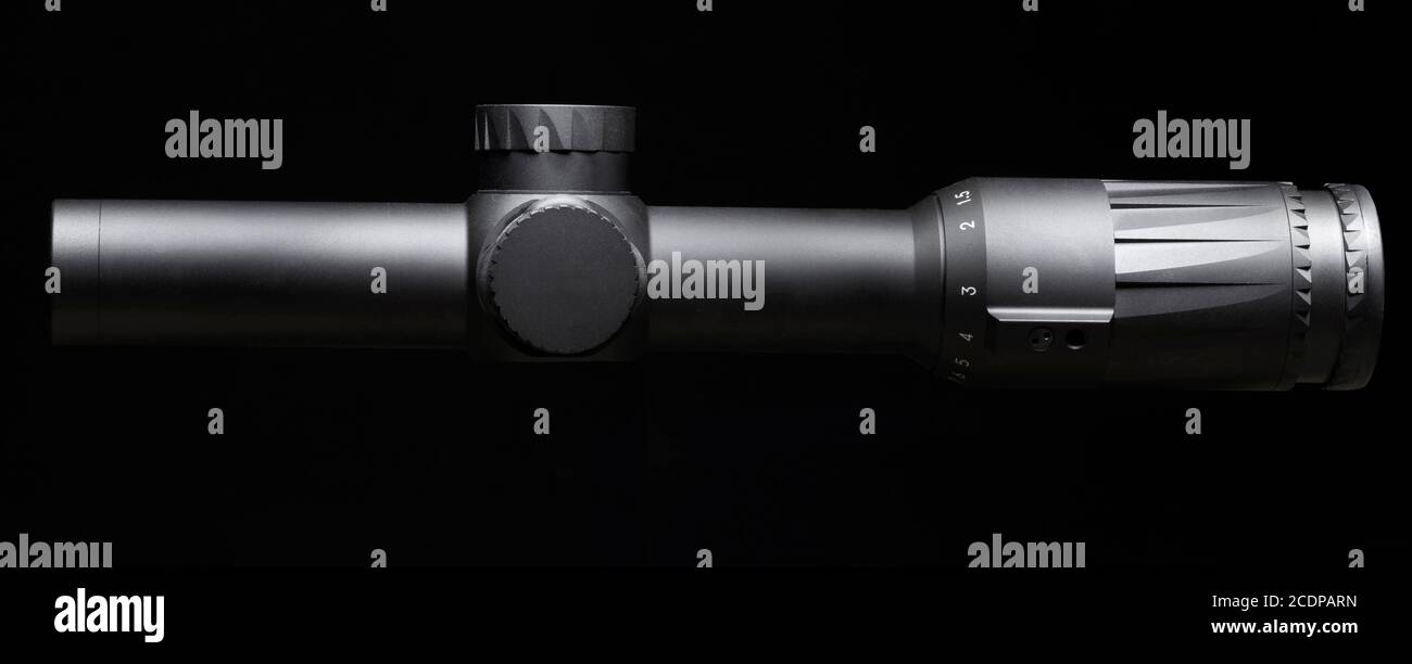 Rifle scope for close shots on a black background Stock Photo