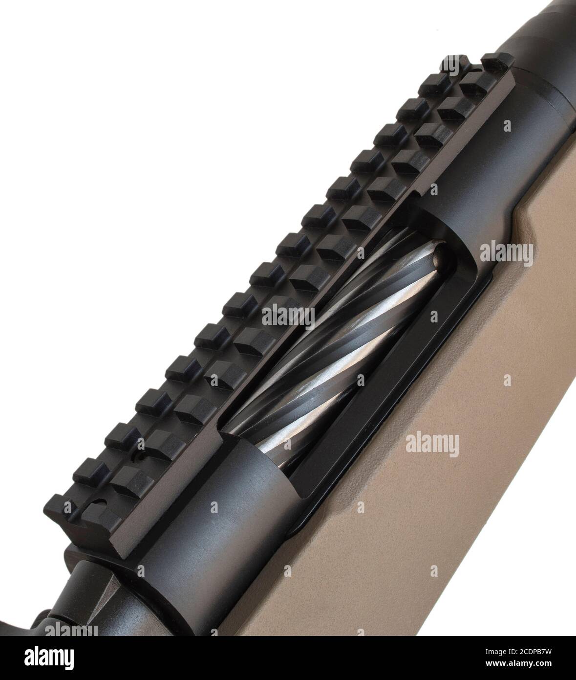 Bolt action rifle receiver with a rail on top for optic mounting Stock Photo