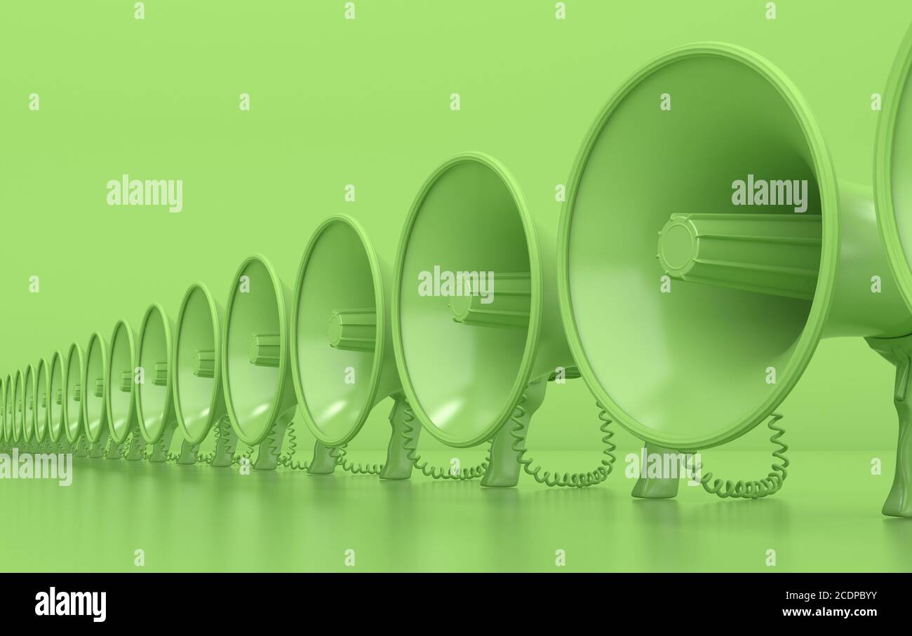 Many monochrome green megaphones stand in a row. Loudspeakers on a green background. Conceptual illustration with copy space. 3D rendering Stock Photo