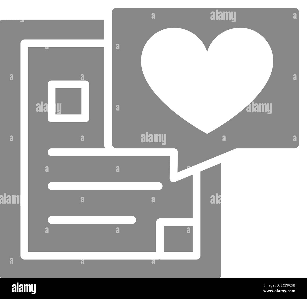 Document with heart grey icon. Donation form, chat bubble, help, charity, like, feedback symbol Stock Vector