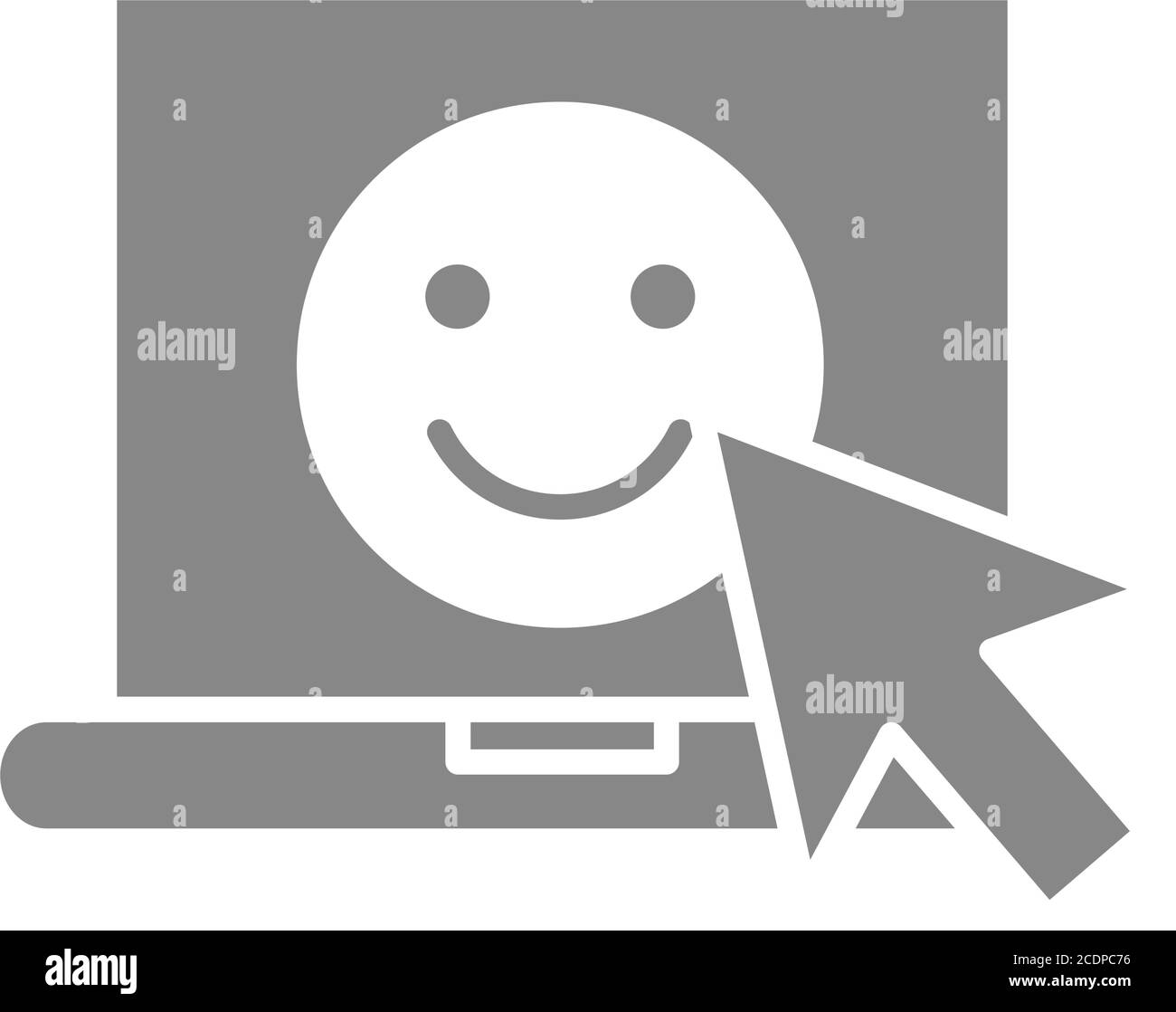 Laptop with happy face and cursor arrow grey icon. Emoji on the screen, customer satisfaction symbol Stock Vector