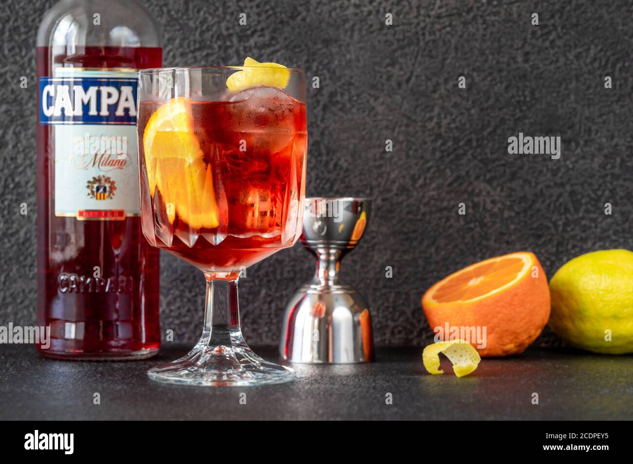 SUMY, UKRAINE - JUL 17, 2020: Americano cocktail made of sweet vermuth and Campari which is an Italian alcoholic liqueur, considered an aperitif, obta Stock Photo