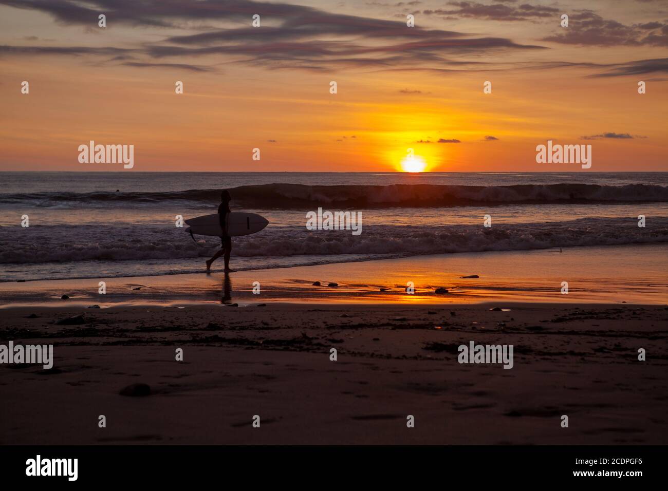 Surfers on the beach of Santa Teresa at sunset / Costa Rica Stock Photo