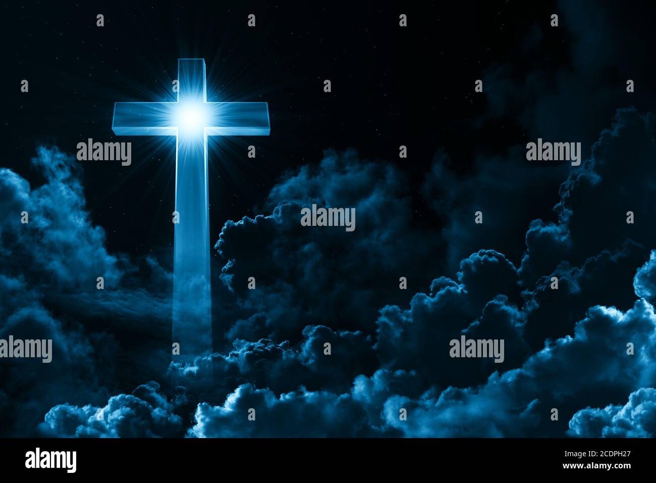 Concept Of Christian Religion Shining Cross On The Background Of Cloudy Night Sky Dark Sky With