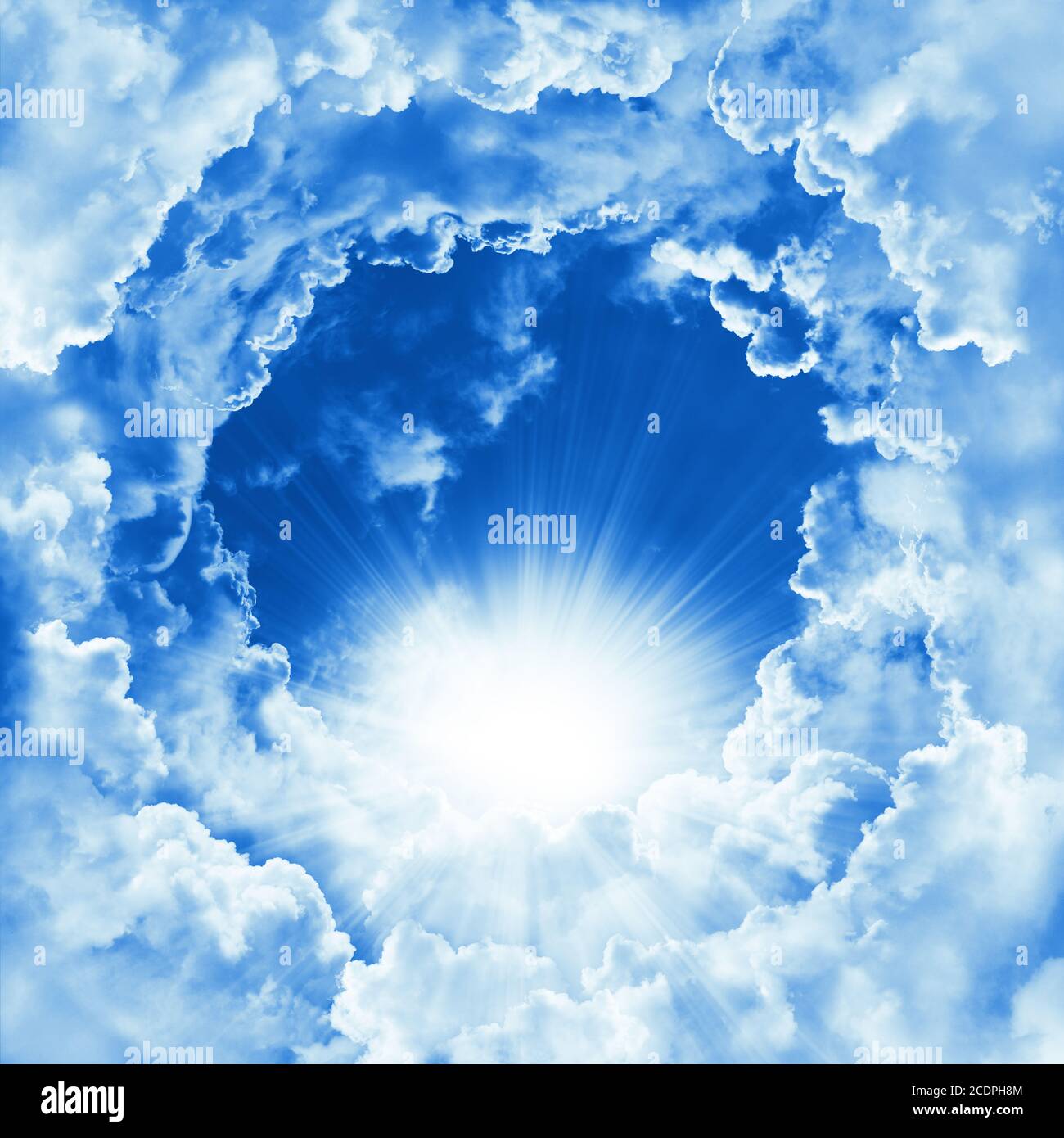 Religion concept of heavenly background. Divine shining heaven with