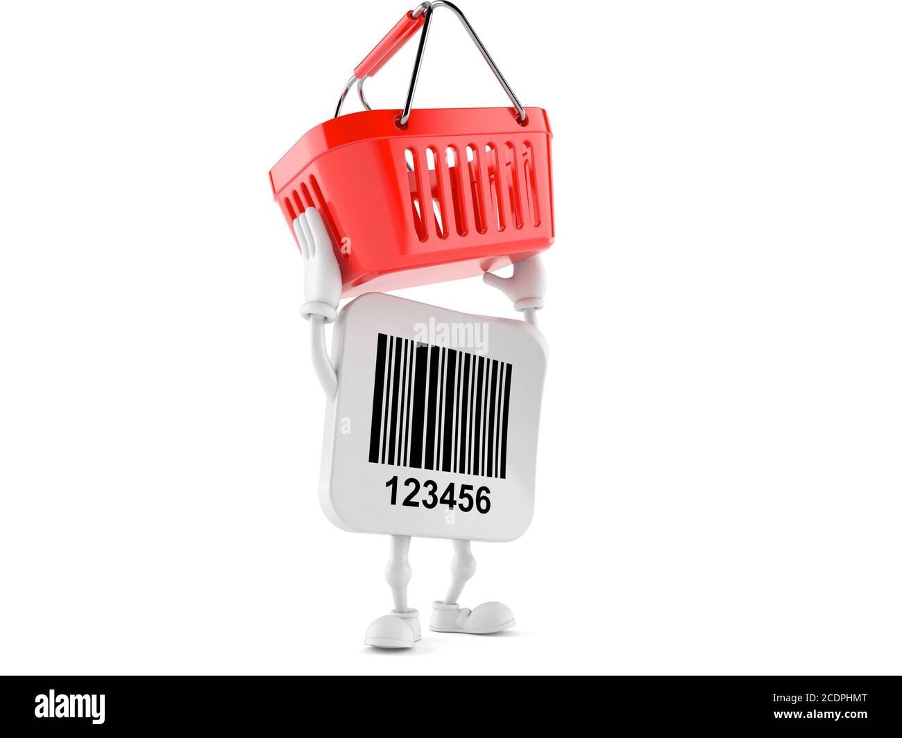Barcode character holding shopping basket isolated on white background ...