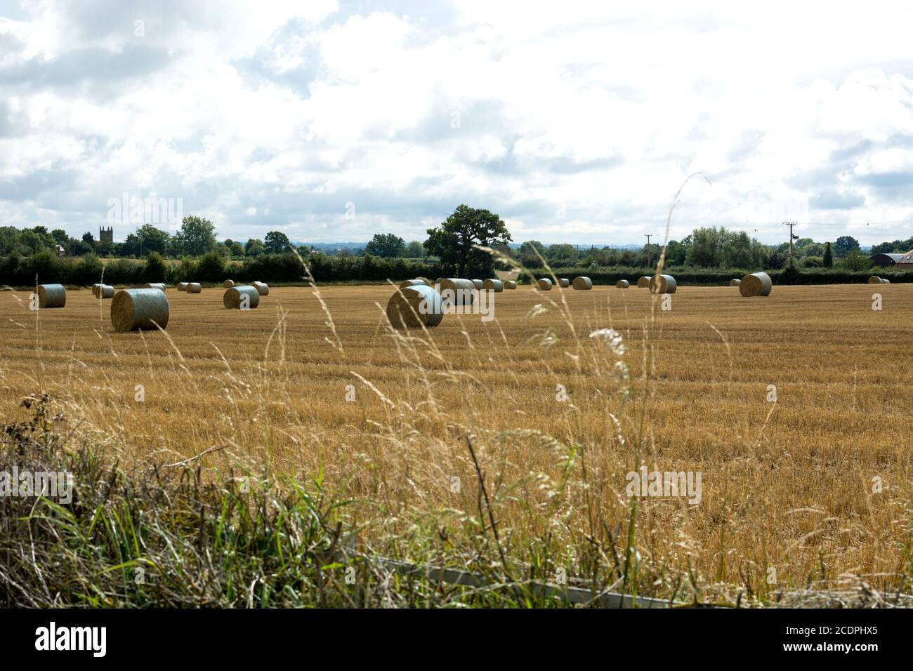 Farmland with straw bales in late summer, Warwickshire, England, UK Stock Photo