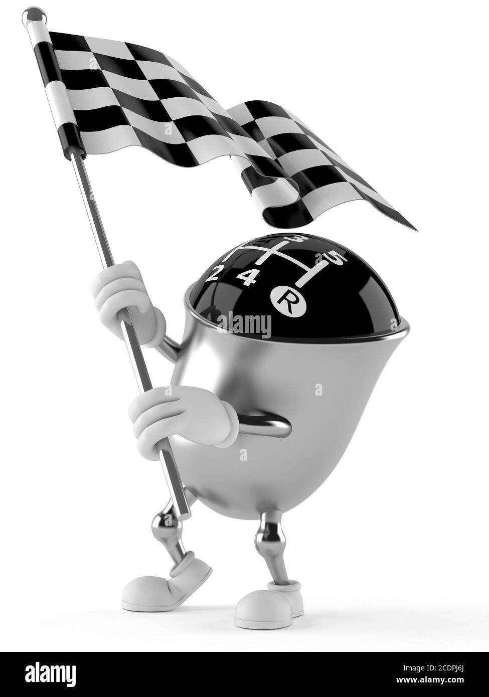 Gear knob character with racing flag isolated on white background Stock