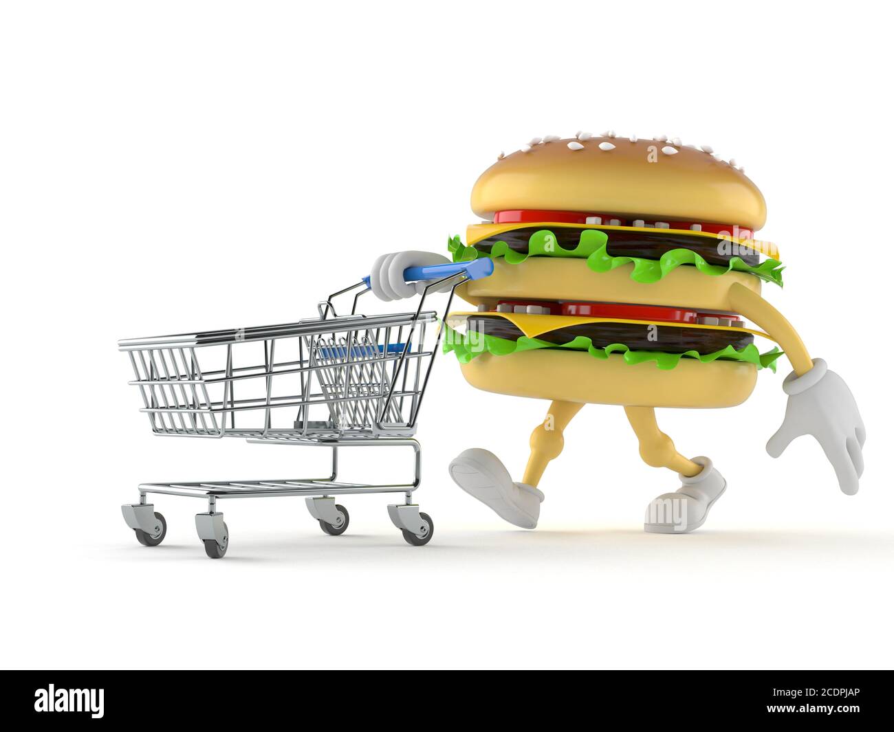 Hamburger character with shopping cart isolated on white background Stock Photo