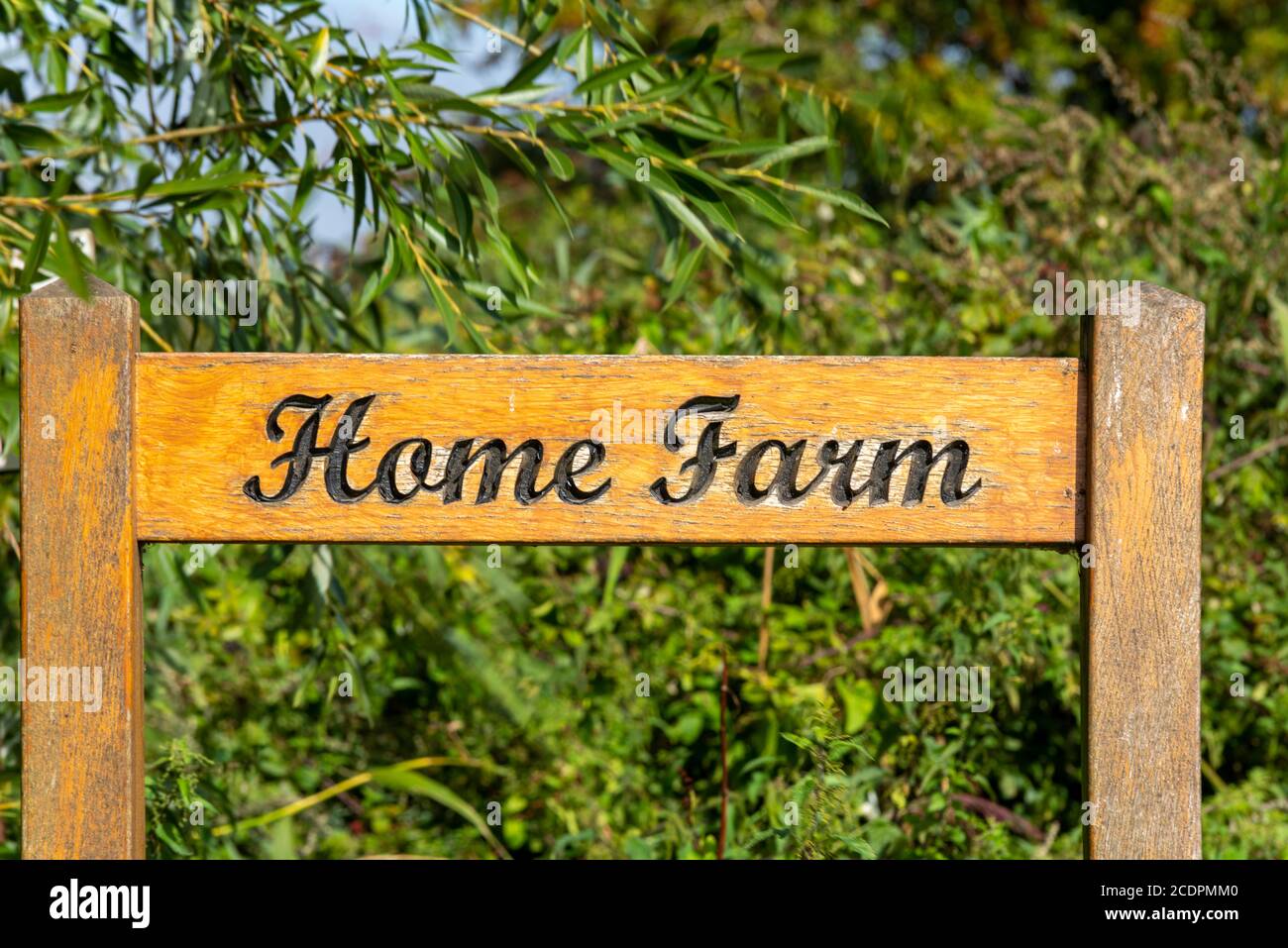 Home Farm sign in Great Wakering, near Southend, Essex, UK. Wooden farm business sign in rural setting. Countryside Stock Photo