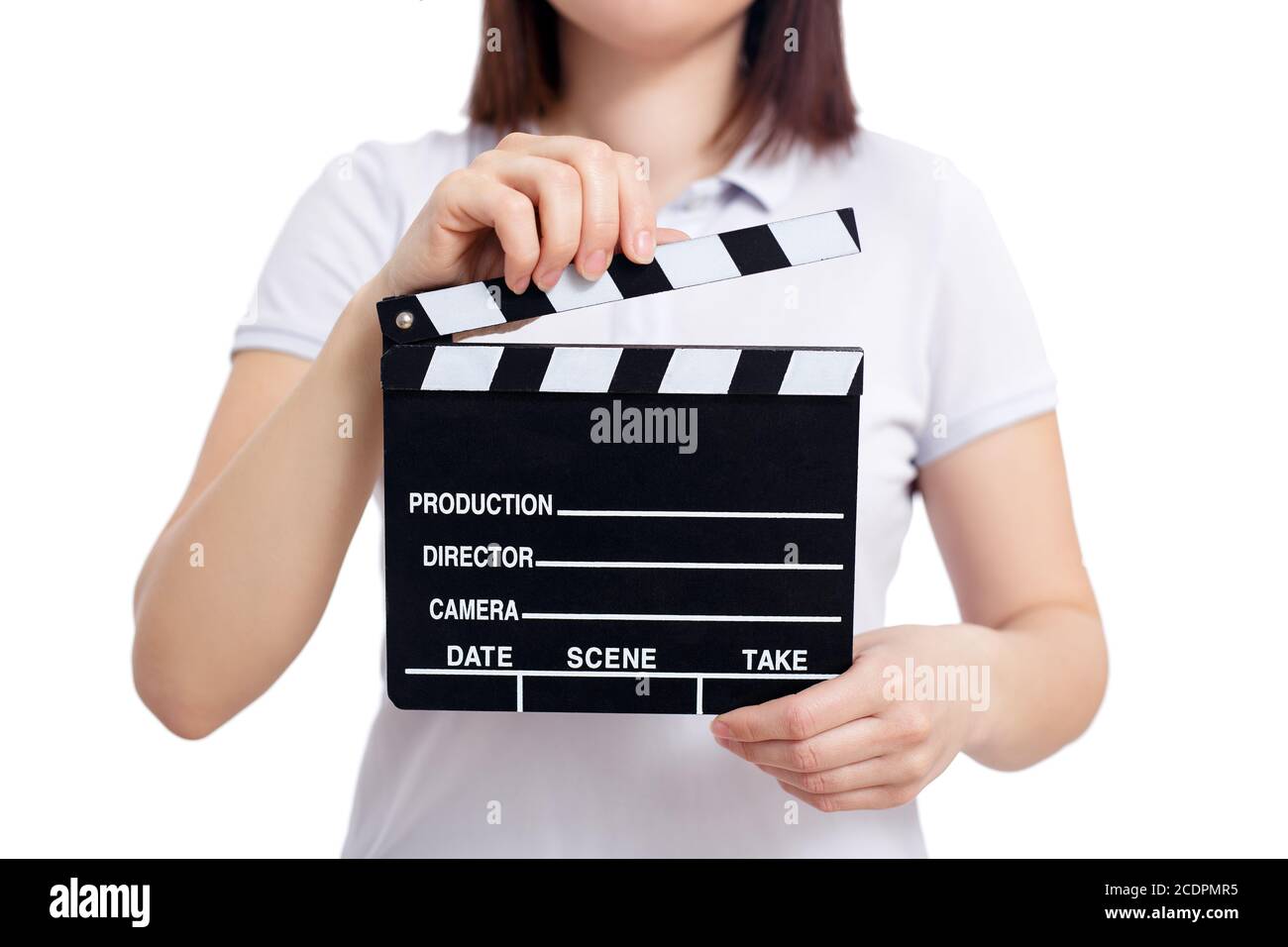 clapper board in female hands isolated on white background Stock Photo