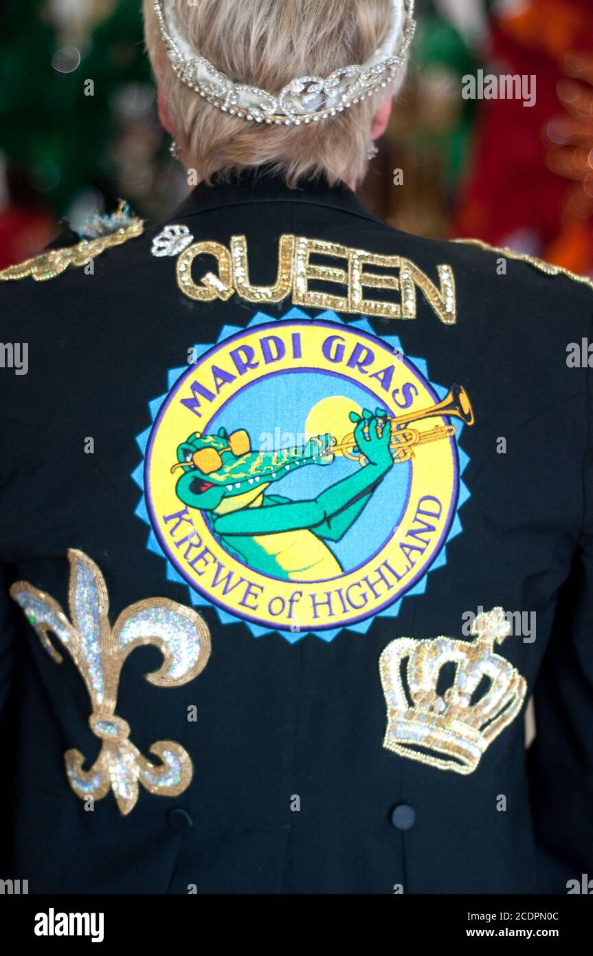 A Mardi Gras costume jacket from the Krewe of Highland worn by a woman during the festival in Shreveport, Louisiana, United States. Stock Photo
