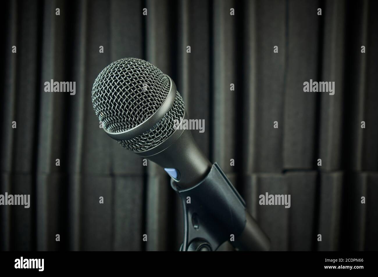 Side view of Standmounted dynamic microphone for vocals and choirs, gray, on acoustic foam