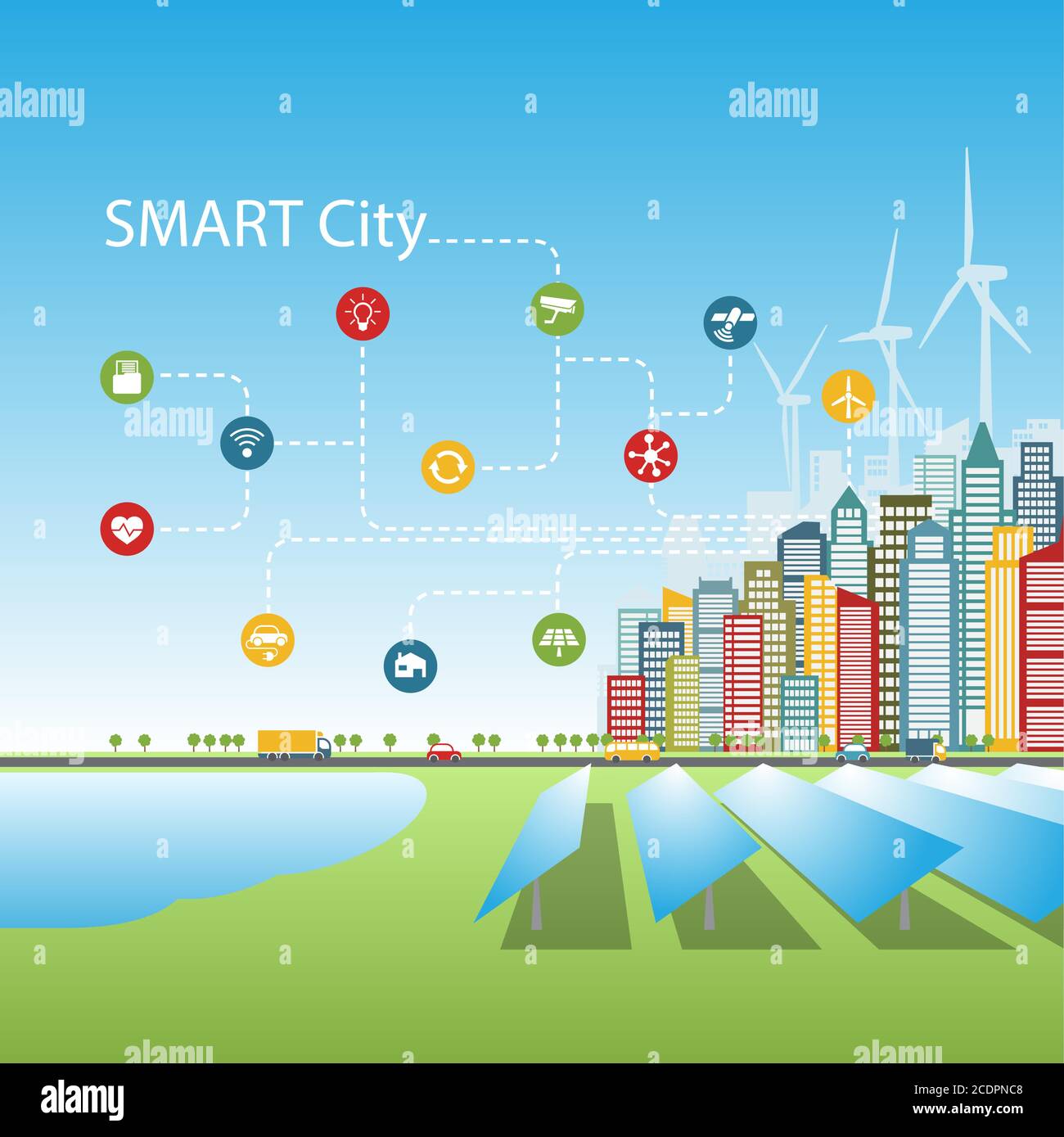 Vector illustration a city with intelligent services, using alternative ...