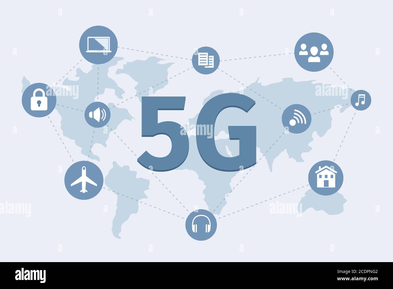 5G network wireless technology spreading over the world vector flat banner concept. High speed 5G technology for people, aviation, sharing document and multimedia, smart city poster design. Stock Vector
