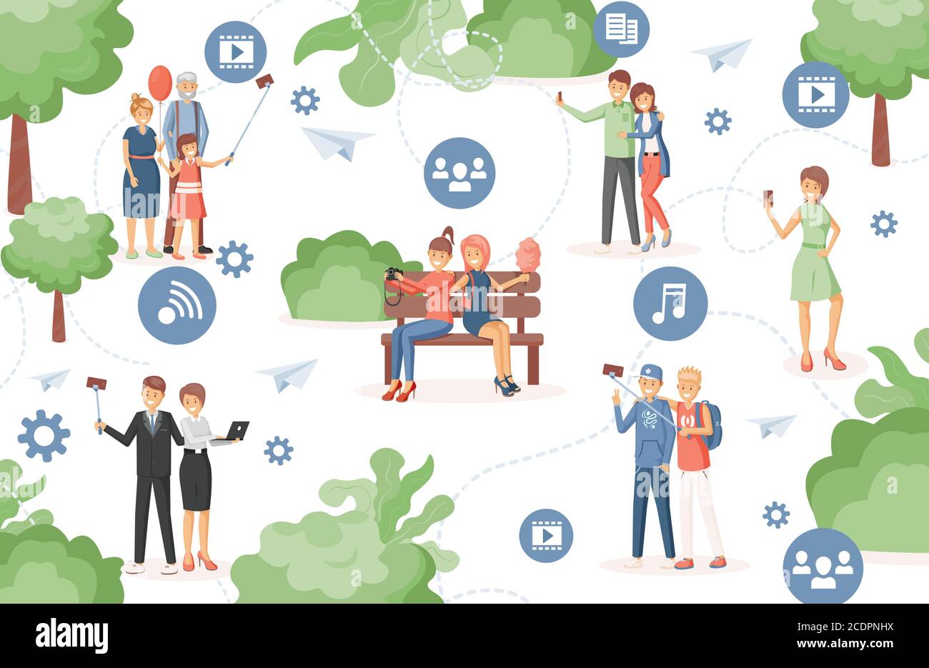 Happy people in city park using wireless internet technology to listen to music, watch videos, sharing files to each other vector flat illustration. Smart city, high speed connection concept. Stock Vector
