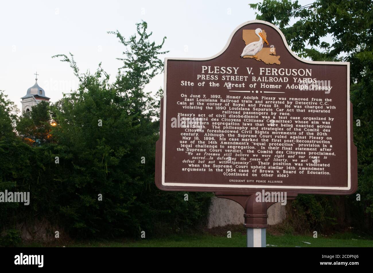 A historical sign marking the arrest site of Homer Adolph Plessy, which became a famous civil rights case, in New Orleans, Louisiana, United States. Stock Photo