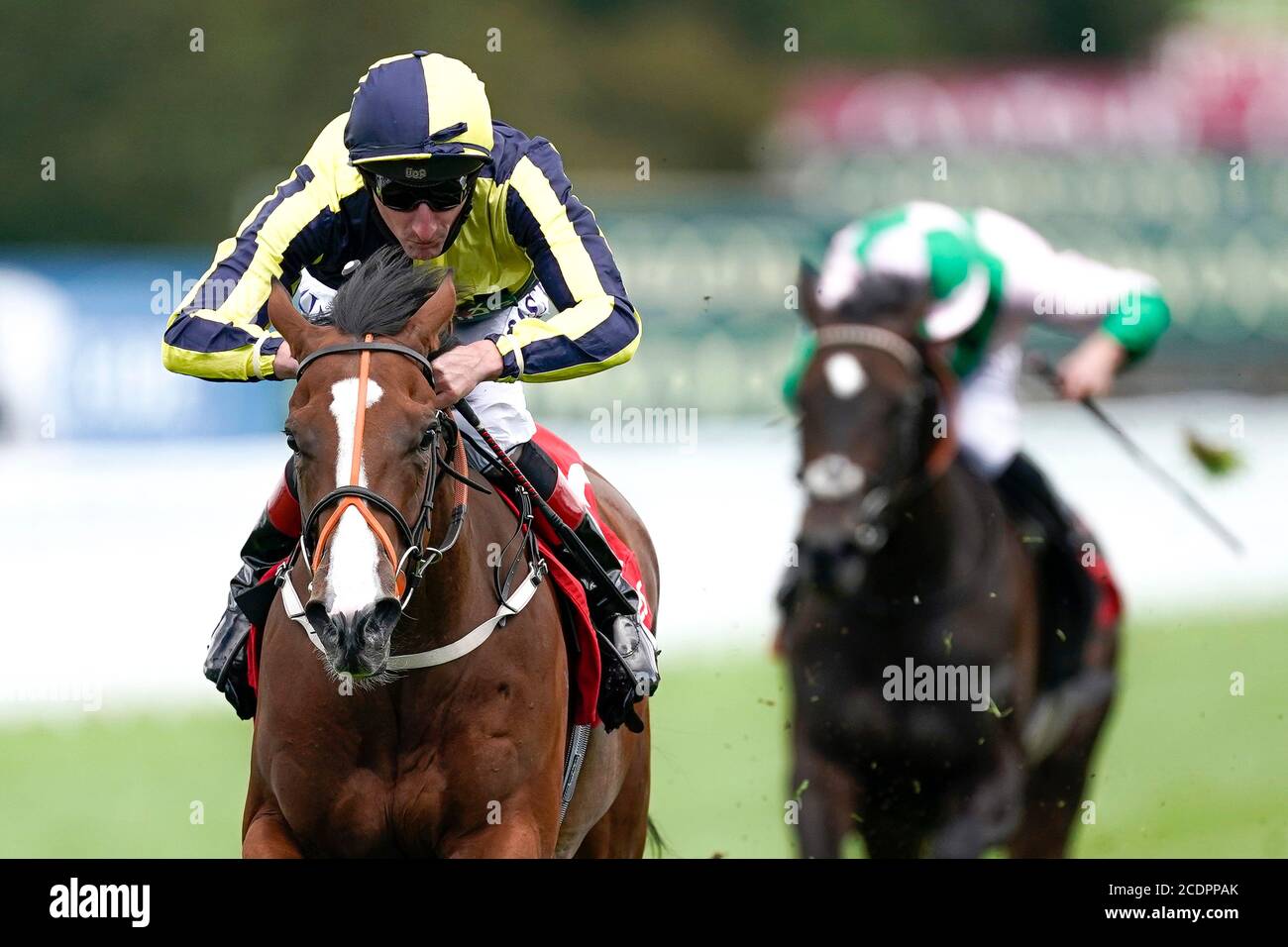 Isabella Giles ridden by jockey Adam Kirby (left) win The Ladbrokes Prestige Stakes at Goodwood Racecourse. Stock Photo