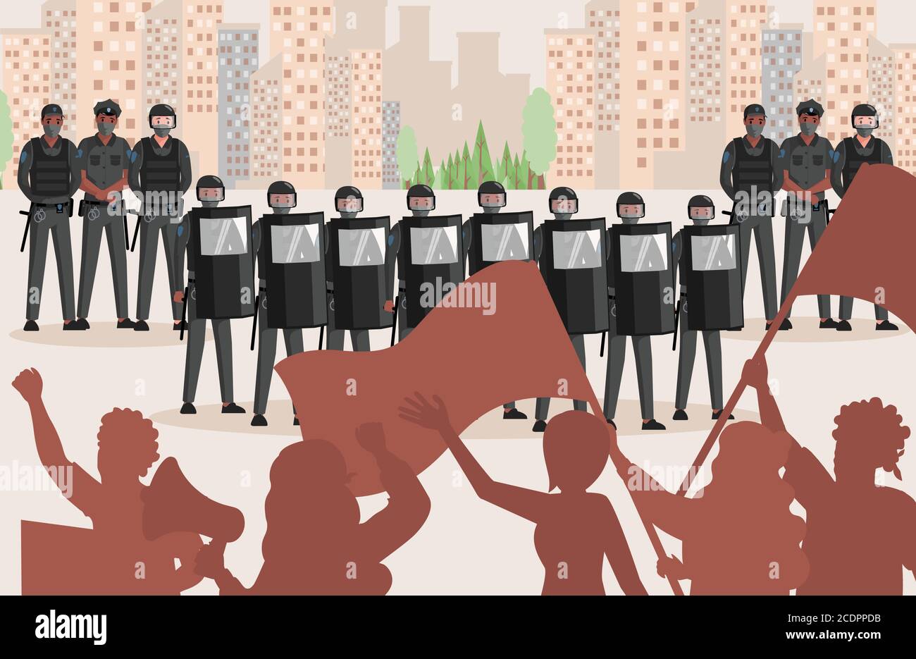 Police officers in uniform against protesting people vector flat illustration. People holding flags and loudspeakers protest against injustice, police workers protect city against destruction. Stock Vector