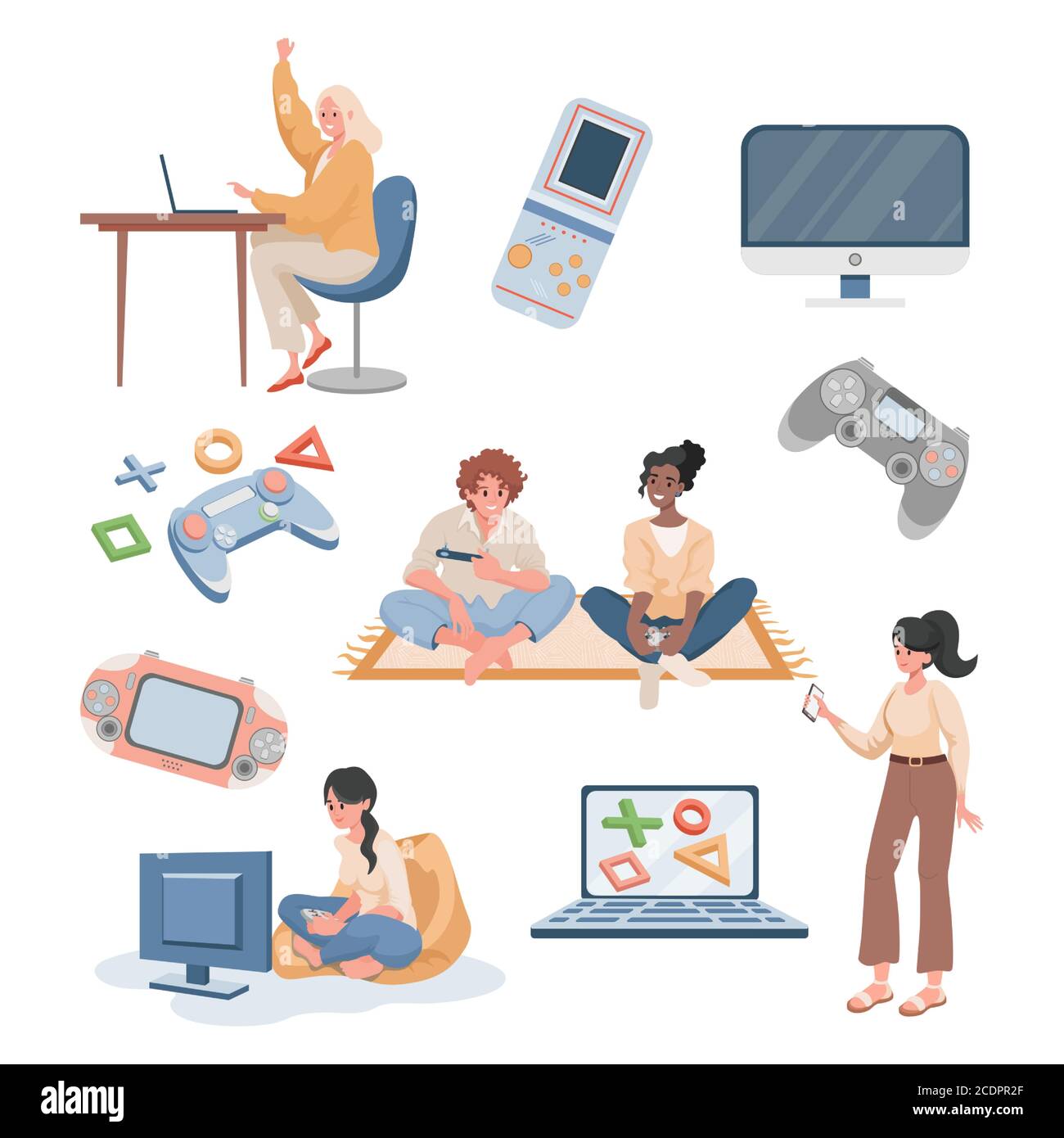 Young happy people playing video games and streaming vector flat  illustration isolated on white background. Man and women holding gamepads  and game controllers and playing on laptops and computers Stock Vector Image