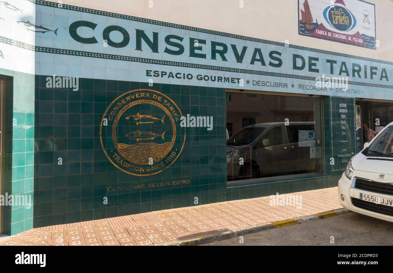 Fish canning shop, Conservas de Tarifa, logotype on tiles, Andalucia, costa de la Luz, Spain Stock Photo