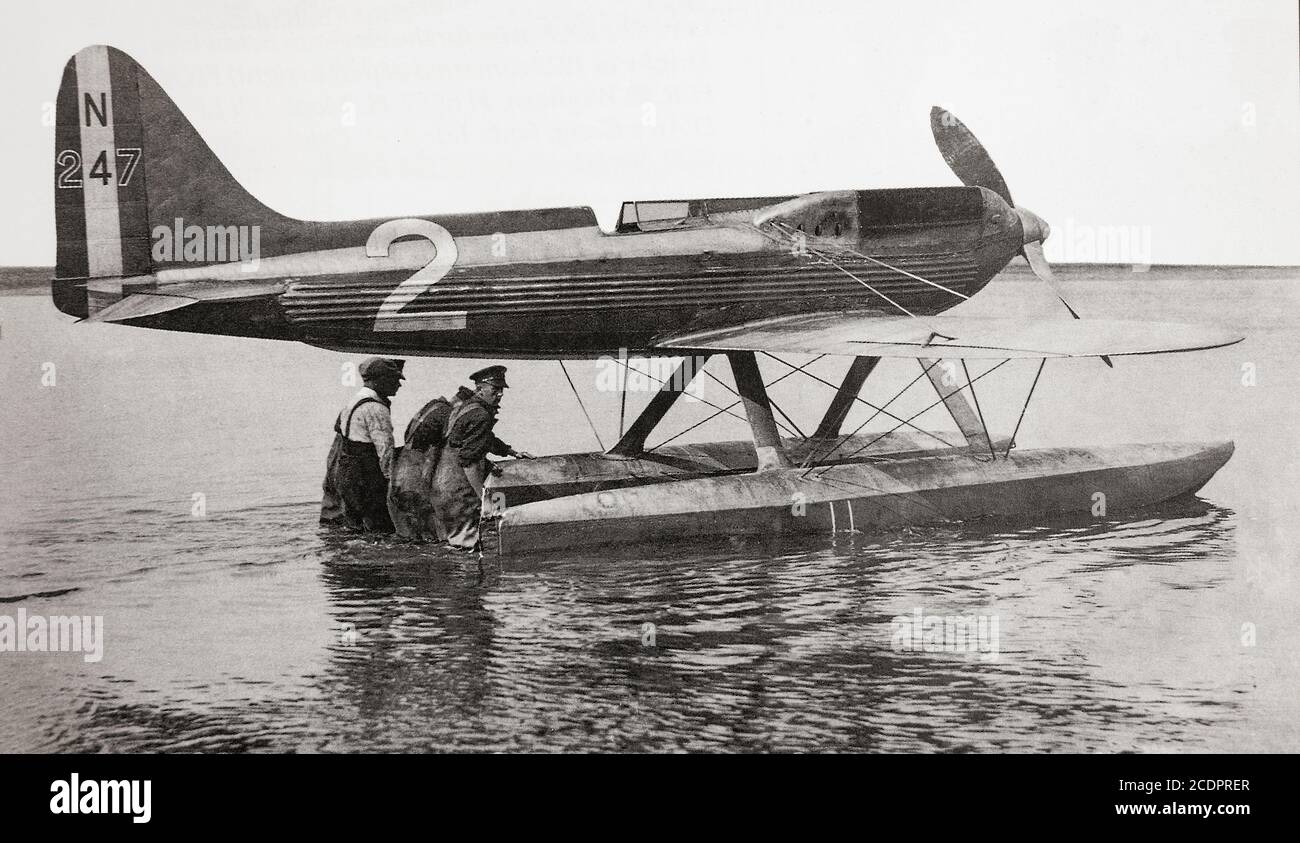 The Supermarine S.6, a British, single-engined, single-seat, racing seaplane built by Supermarine. Designated N247, it was one of a line of Supermarine seaplane racers that were designed for Schneider Trophy contests of the late 1920 and 1930s.  N247 came first piloted by Flying Officer H.R.D. Waghorn at a speed of 328.63 mph (528.88 km/h) and set World closed-circuit records for 50 and 100 km during its run. Stock Photo