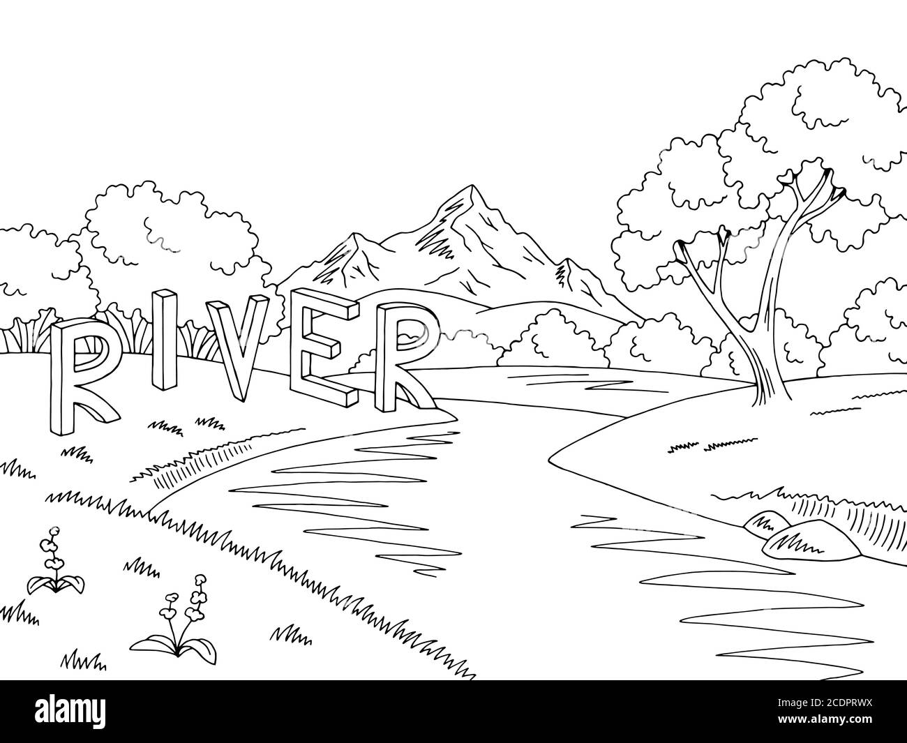 Mountain river graphic black white landscape sketch illustration vector