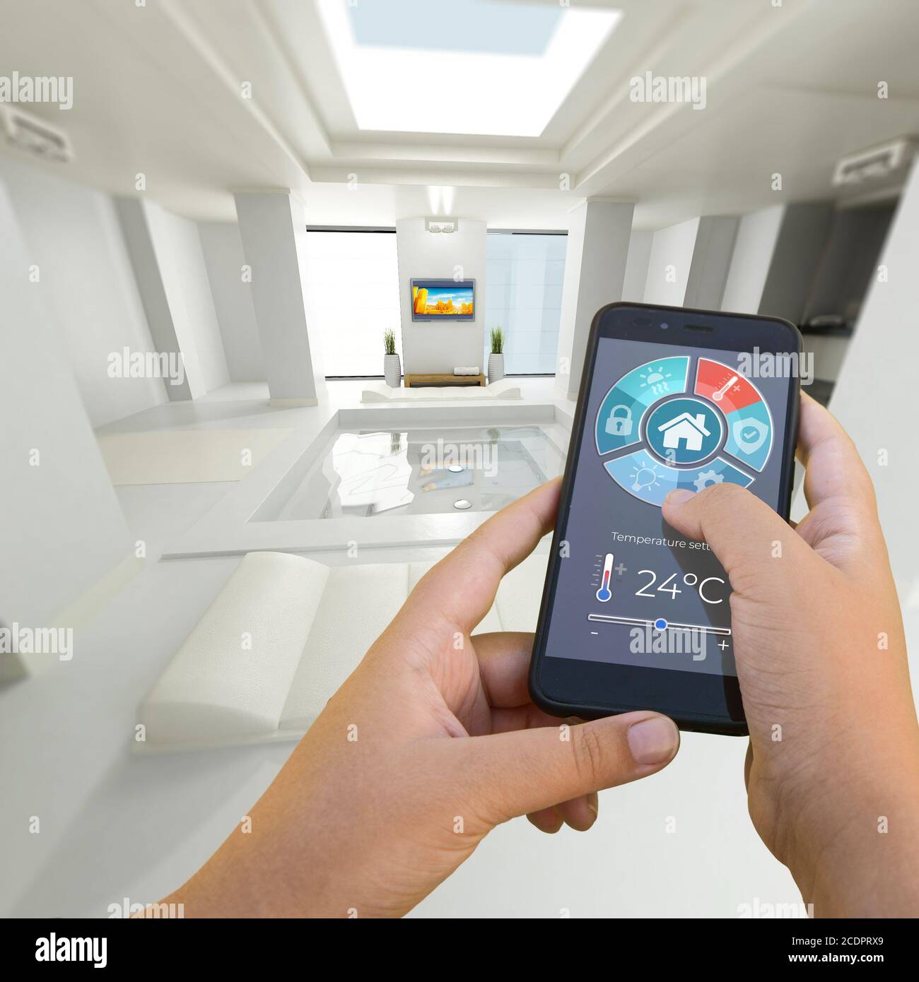 3D rendering of a modern interior controlled by a smartphone app Stock ...